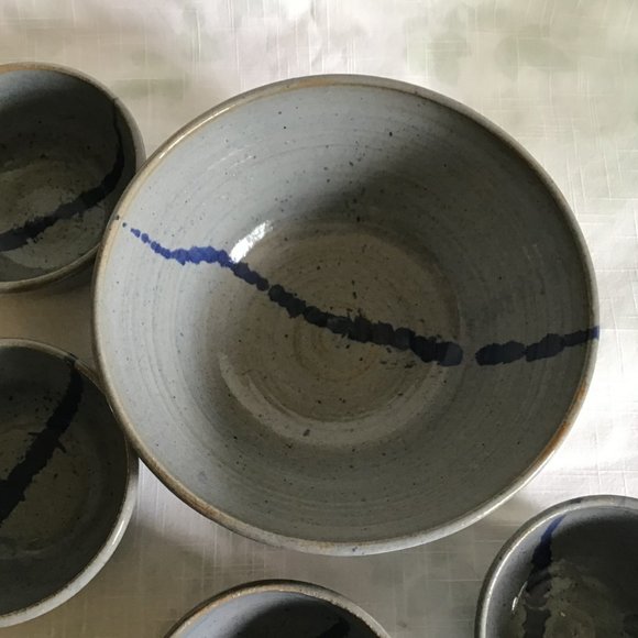 Vintage 80s Set of 5 Pottery Bowls Artist Signed Abstract Paint Glazed - Picture 6 of 9